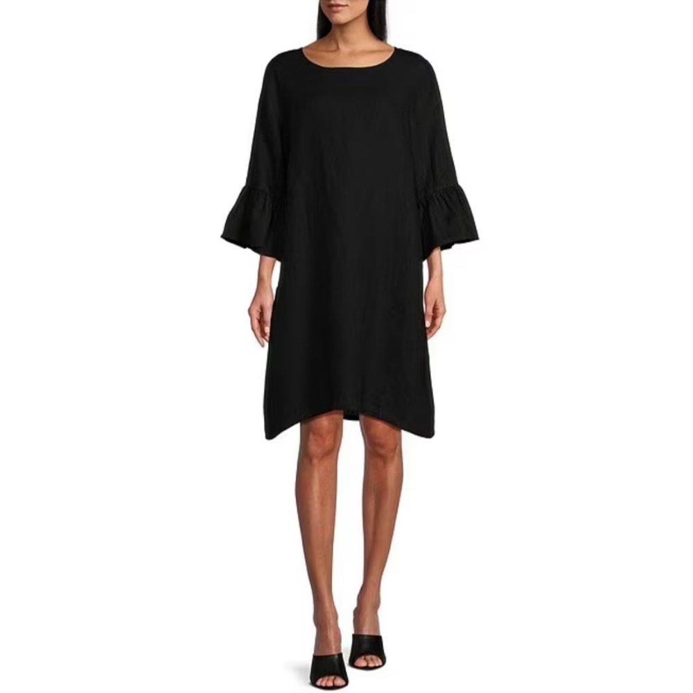 Bryn Walker Phryne Linen Scoop Neck 3/4 Ruffled Bell Sleeve Shift Dress
